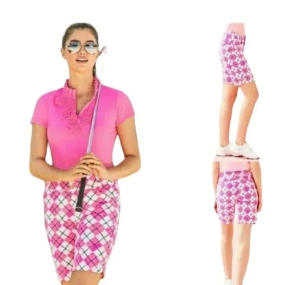 Lilly Pulitzer Fairway Performance Shorts Pink Tropics Glow & Flow Argyle - Picture 2 of 16